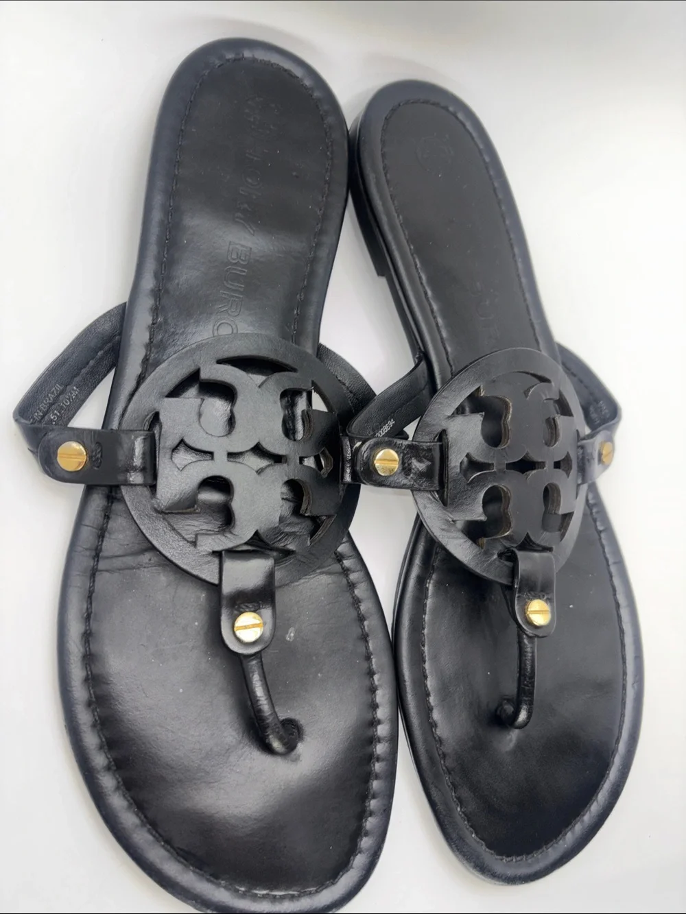 Tory Burch Black Leather Logo Thong Sandals with Gold Studs